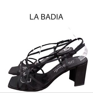 La Badia 38.5 black satin strappy heeled sandals
